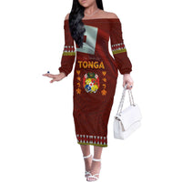 Tonga Independence Day Family Matching Off The Shoulder Long Sleeve Dress and Hawaiian Shirt National Flag and Emblem with Ngatu Art Pattern