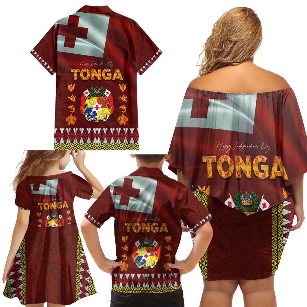 Tonga Independence Day Family Matching Off Shoulder Short Dress and Hawaiian Shirt National Flag and Emblem with Ngatu Art Pattern