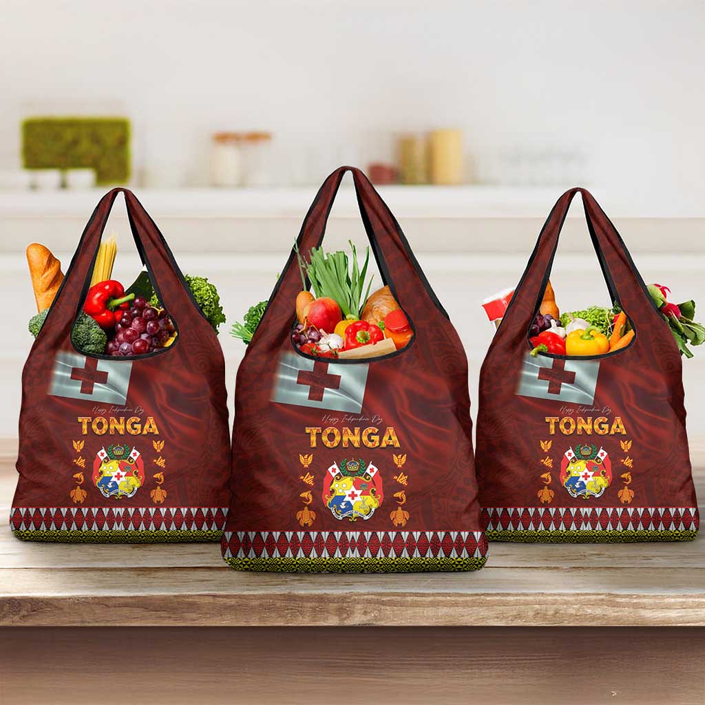 Tonga Independence Day Grocery Bag National Flag and Emblem with Ngatu Art Pattern