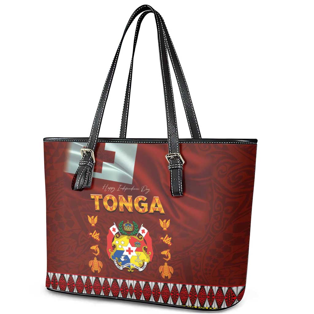 Tonga Independence Day Leather Tote Bag National Flag and Emblem with Ngatu Art Pattern