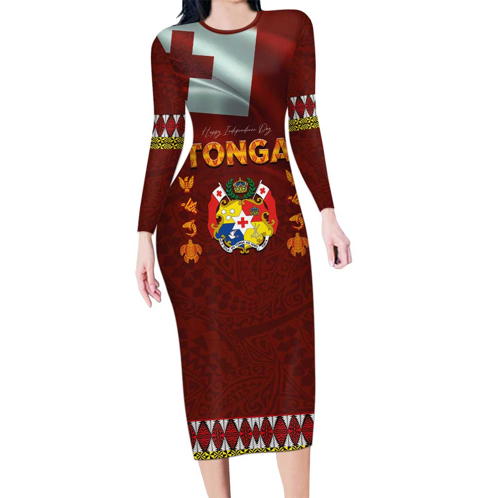 Tonga Independence Day Long Sleeve Bodycon Dress National Flag and Emblem with Ngatu Art Pattern
