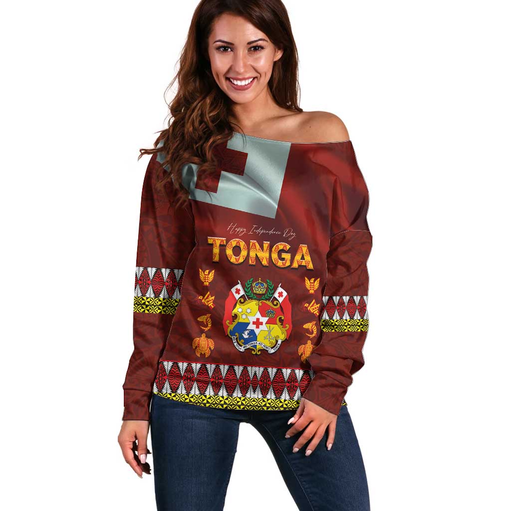 Tonga Independence Day Off Shoulder Sweater National Flag and Emblem with Ngatu Art Pattern