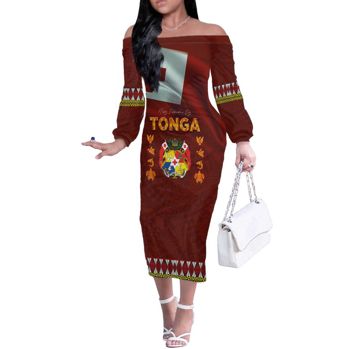 Tonga Independence Day Off The Shoulder Long Sleeve Dress National Flag and Emblem with Ngatu Art Pattern