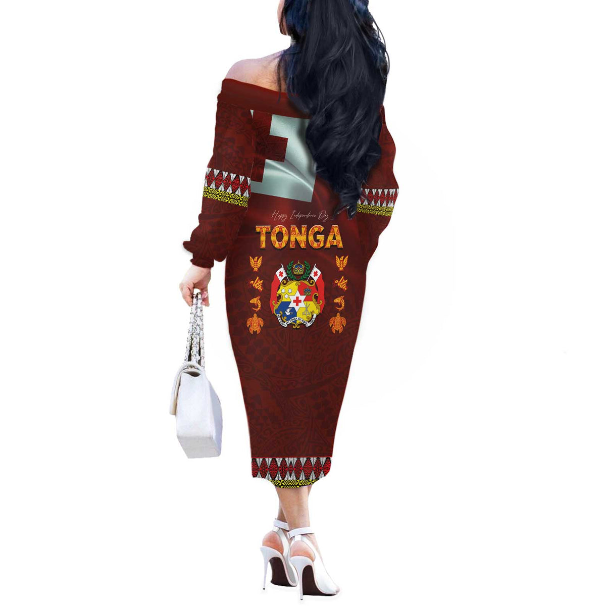 Tonga Independence Day Off The Shoulder Long Sleeve Dress National Flag and Emblem with Ngatu Art Pattern