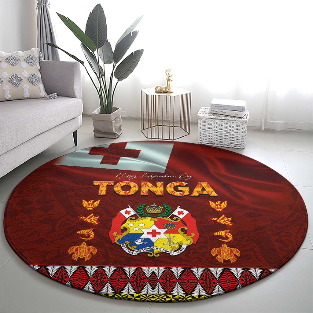 Tonga Independence Day Round Carpet National Flag and Emblem with Ngatu Art Pattern