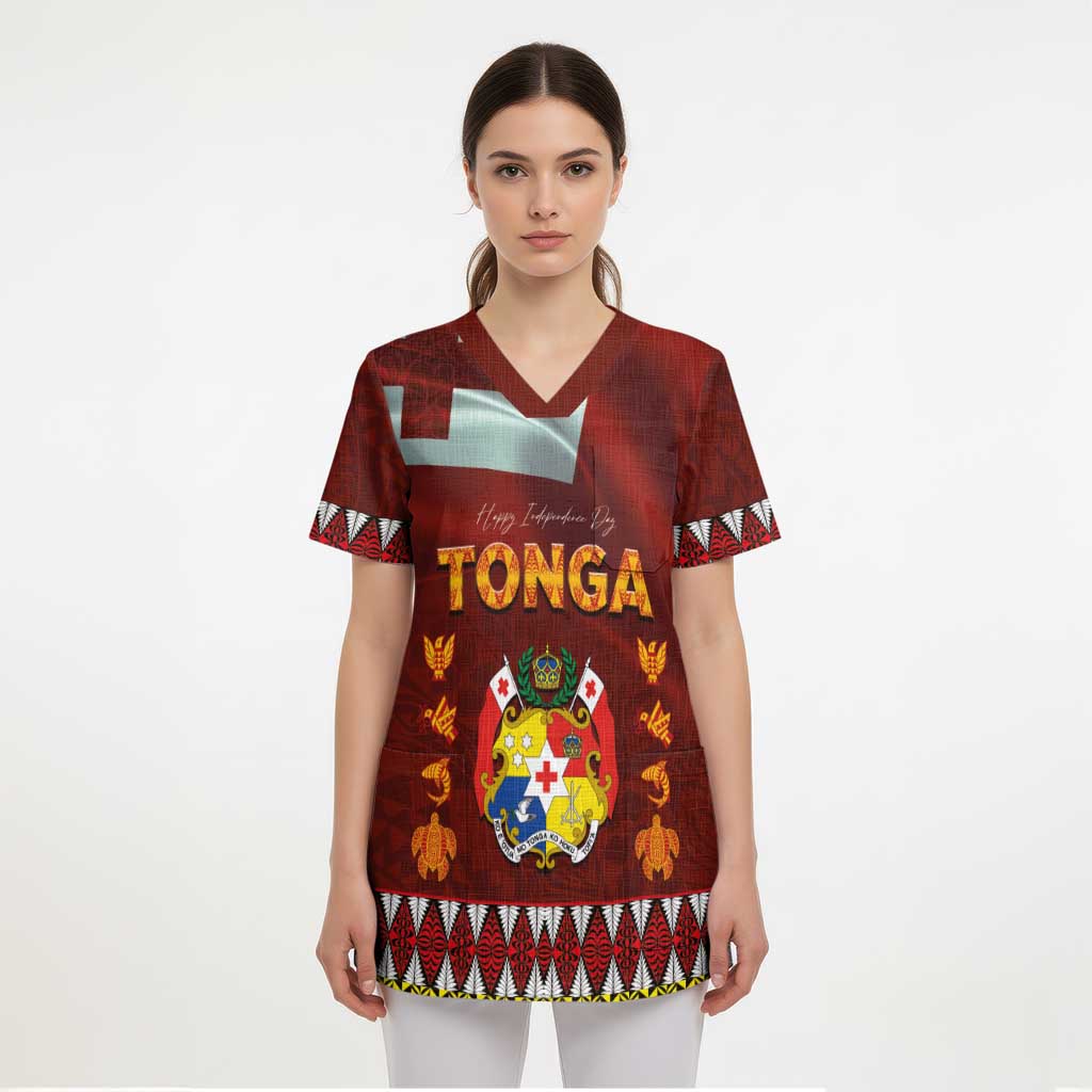Tonga Independence Day Scrub Top National Flag and Emblem with Ngatu Art Pattern - Polynesian Pride