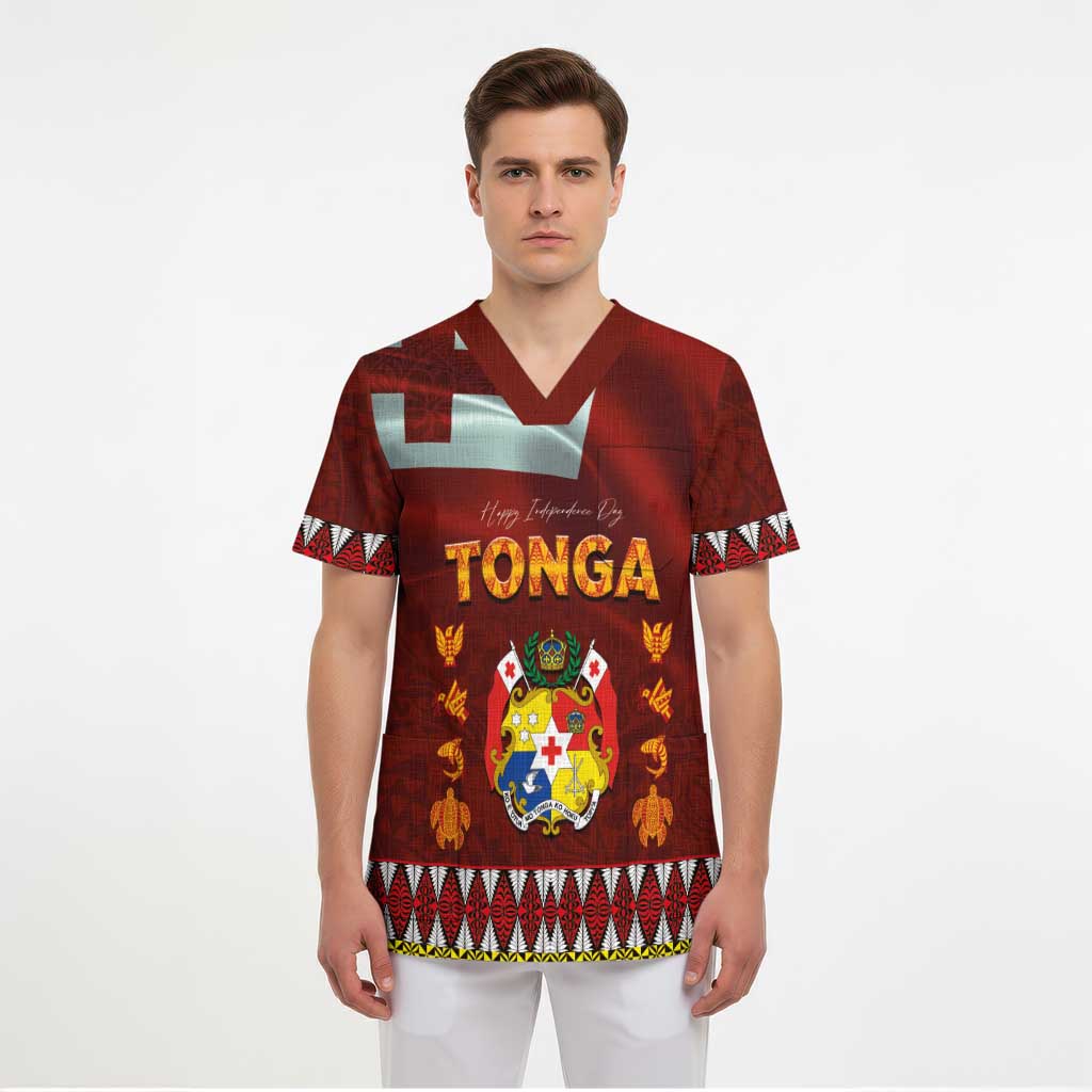 Tonga Independence Day Scrub Top National Flag and Emblem with Ngatu Art Pattern - Polynesian Pride