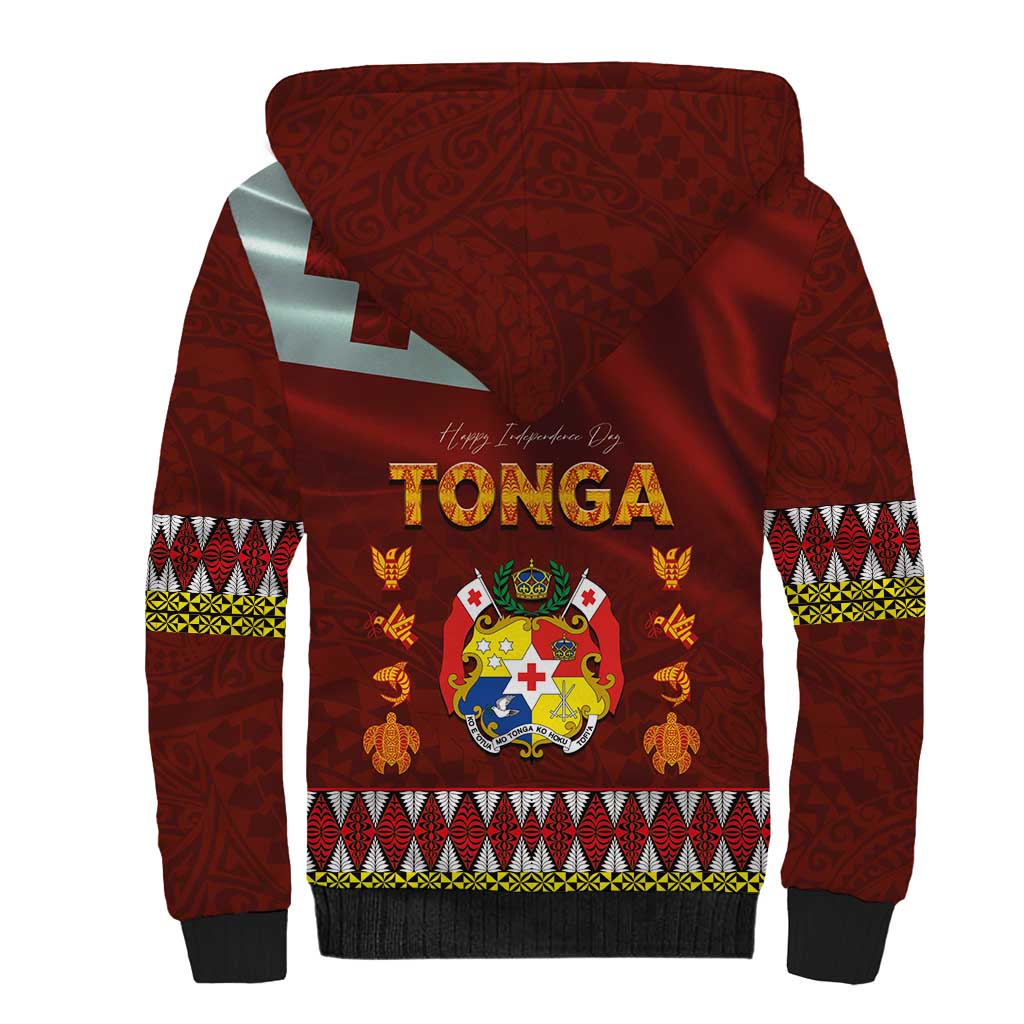 Tonga Independence Day Sherpa Hoodie National Flag and Emblem with Ngatu Art Pattern