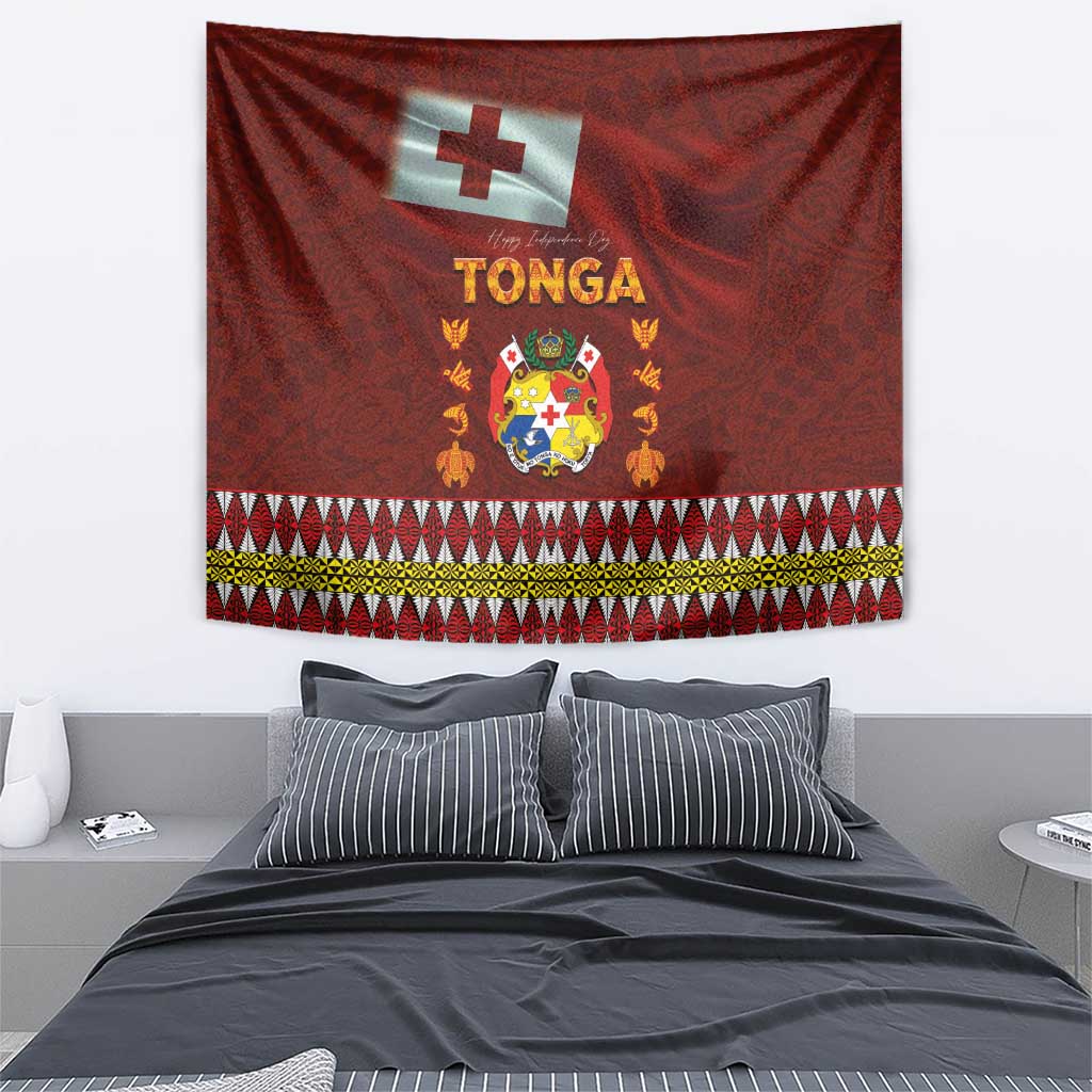 Tonga Independence Day Tapestry National Flag and Emblem with Ngatu Art Pattern