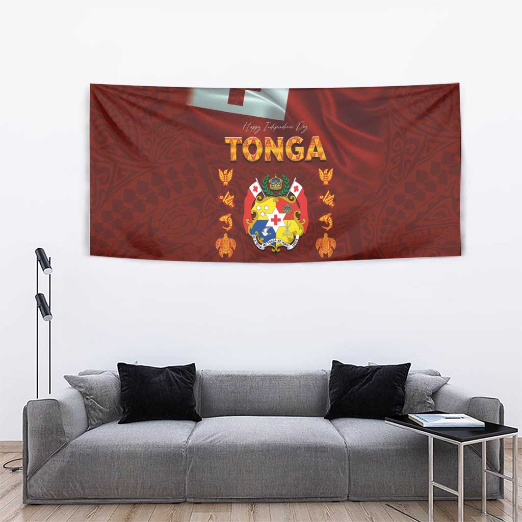 Tonga Independence Day Tapestry National Flag and Emblem with Ngatu Art Pattern