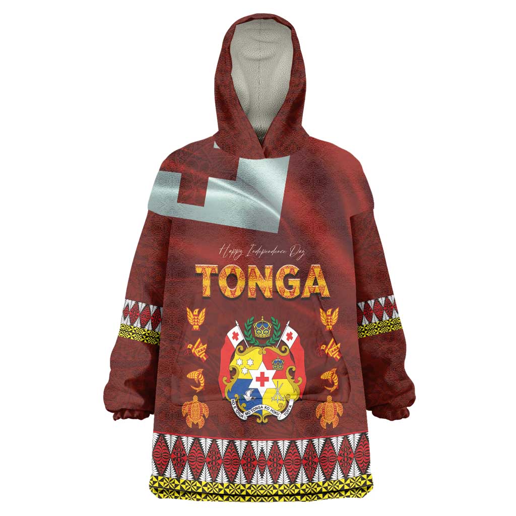 Tonga Independence Day Wearable Blanket Hoodie National Flag and Emblem with Ngatu Art Pattern