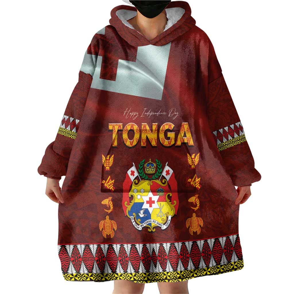 Tonga Independence Day Wearable Blanket Hoodie National Flag and Emblem with Ngatu Art Pattern