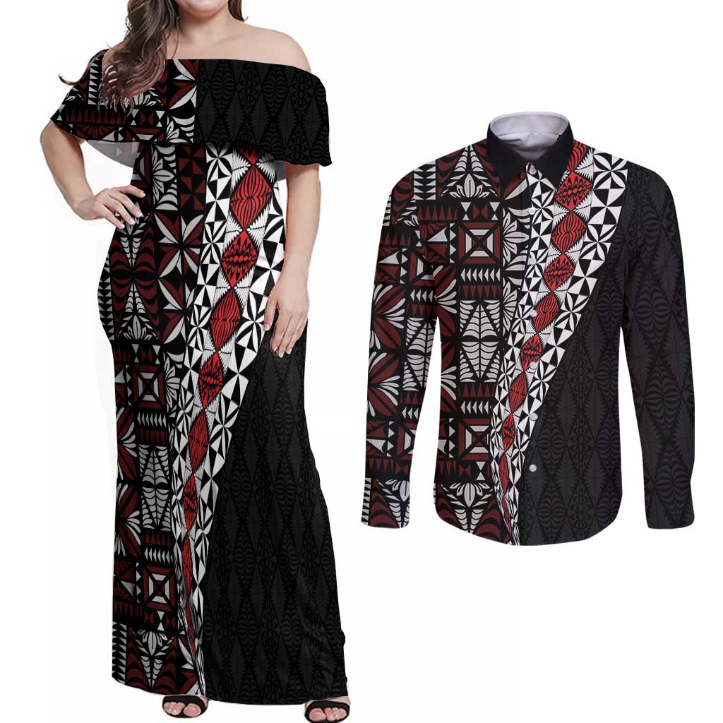 Tonga Ngatu Art Tattoo Polynesian Couples Matching Off Shoulder Maxi Dress and Long Sleeve Button Shirt