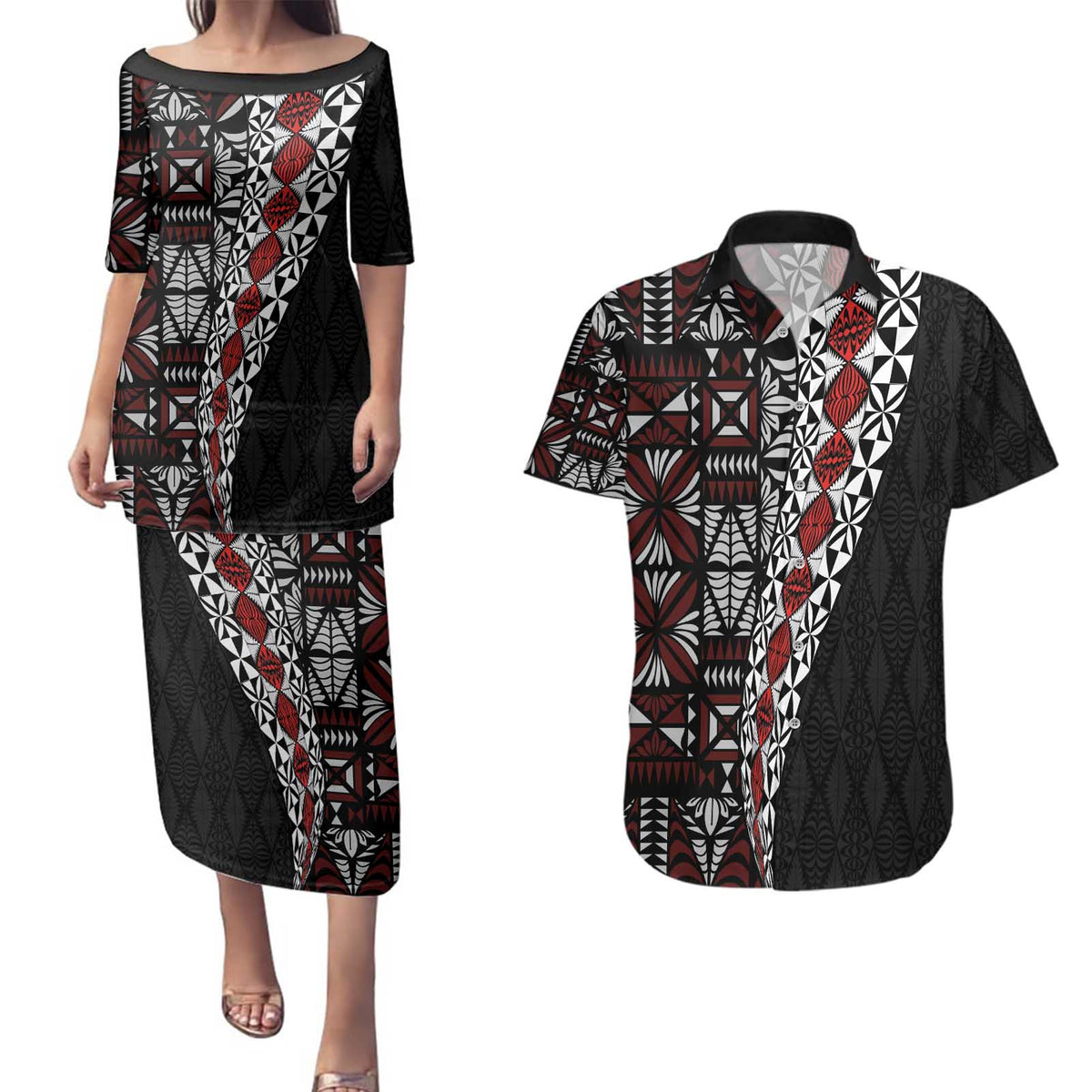 Tonga Ngatu Art Tattoo Polynesian Couples Matching Puletasi and Hawaiian Shirt