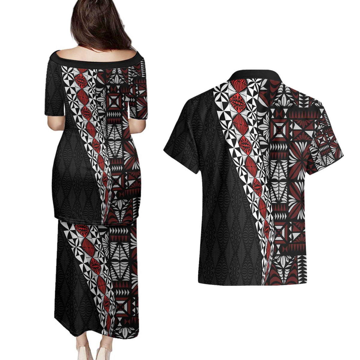 Tonga Ngatu Art Tattoo Polynesian Couples Matching Puletasi and Hawaiian Shirt