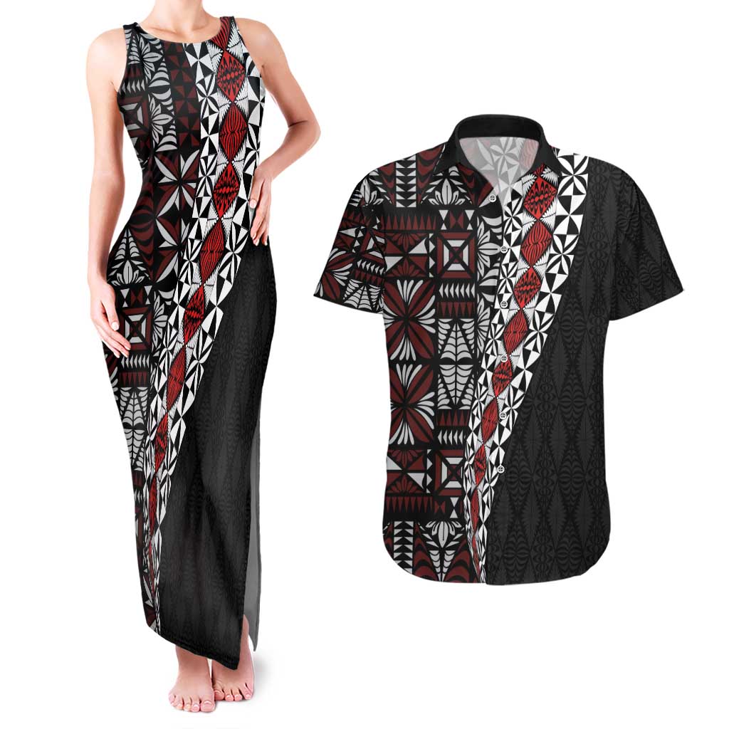 Tonga Ngatu Art Tattoo Polynesian Couples Matching Tank Maxi Dress and Hawaiian Shirt LT03 Black - Polynesian Pride