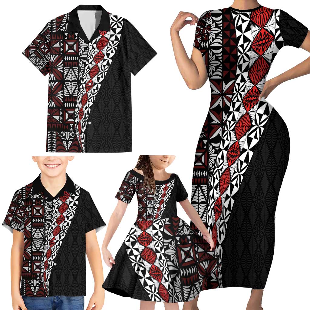 Tonga Ngatu Art Tattoo Polynesian Family Matching Short Sleeve Bodycon Dress and Hawaiian Shirt