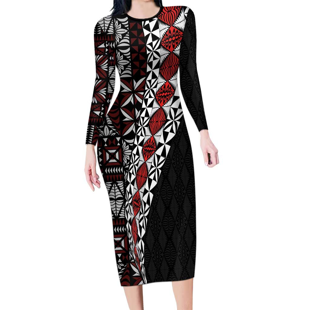 Tonga Ngatu Art Tattoo Polynesian Long Sleeve Bodycon Dress