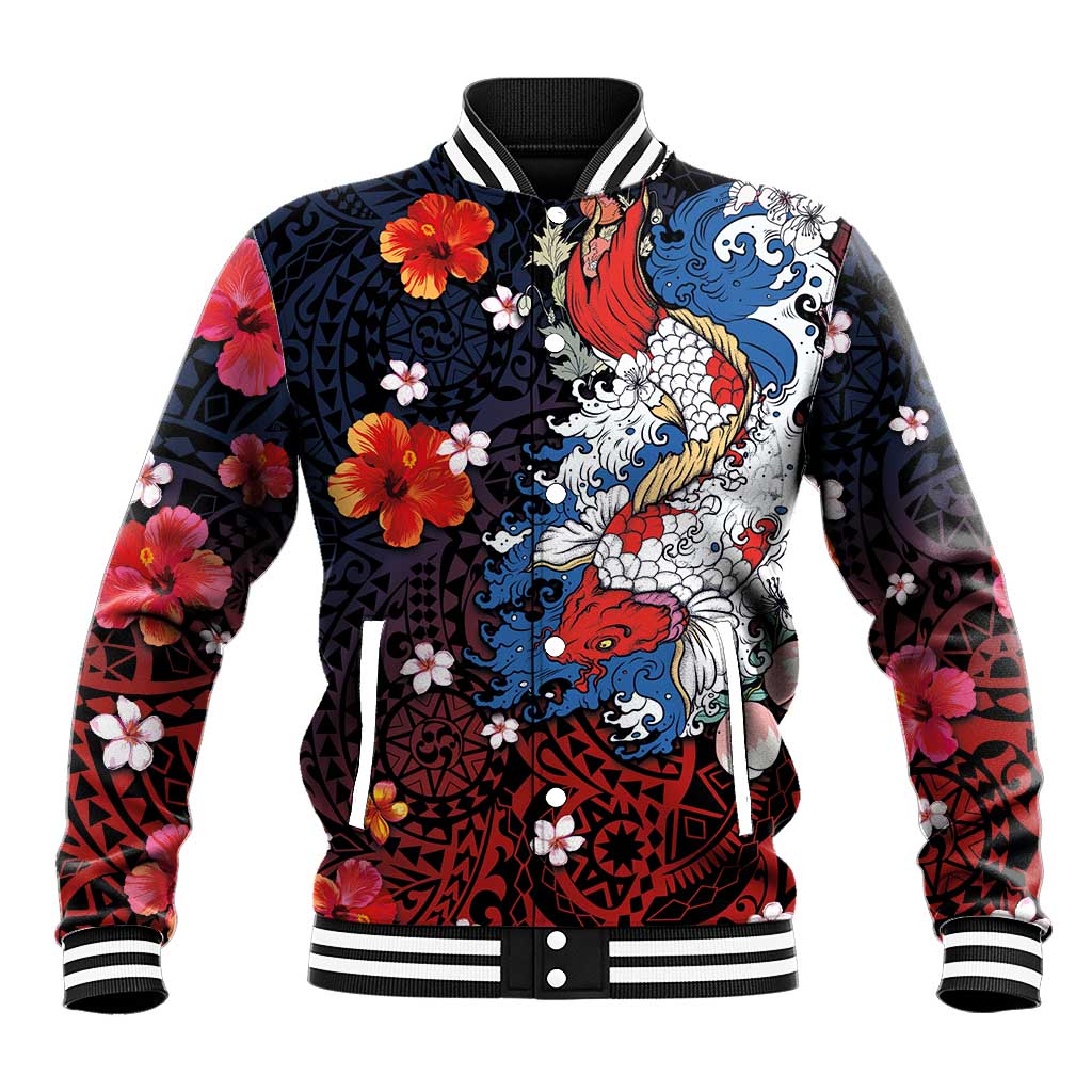 Hawaiian and Japanese Together Baseball Jacket Hibiscus and Koi Fish Polynesian Pattern Colorful Style