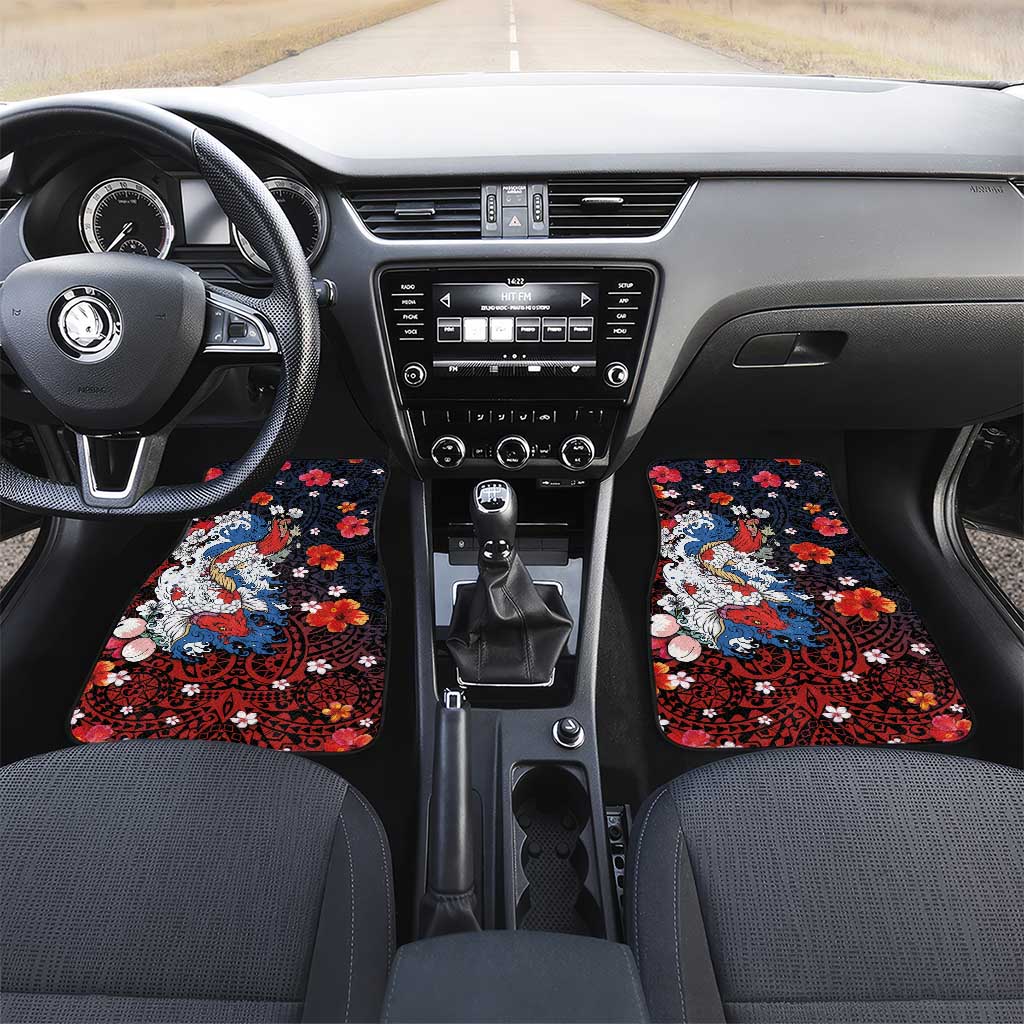 Hawaiian and Japanese Together Car Mats Hibiscus and Koi Fish Polynesian Pattern Colorful Style