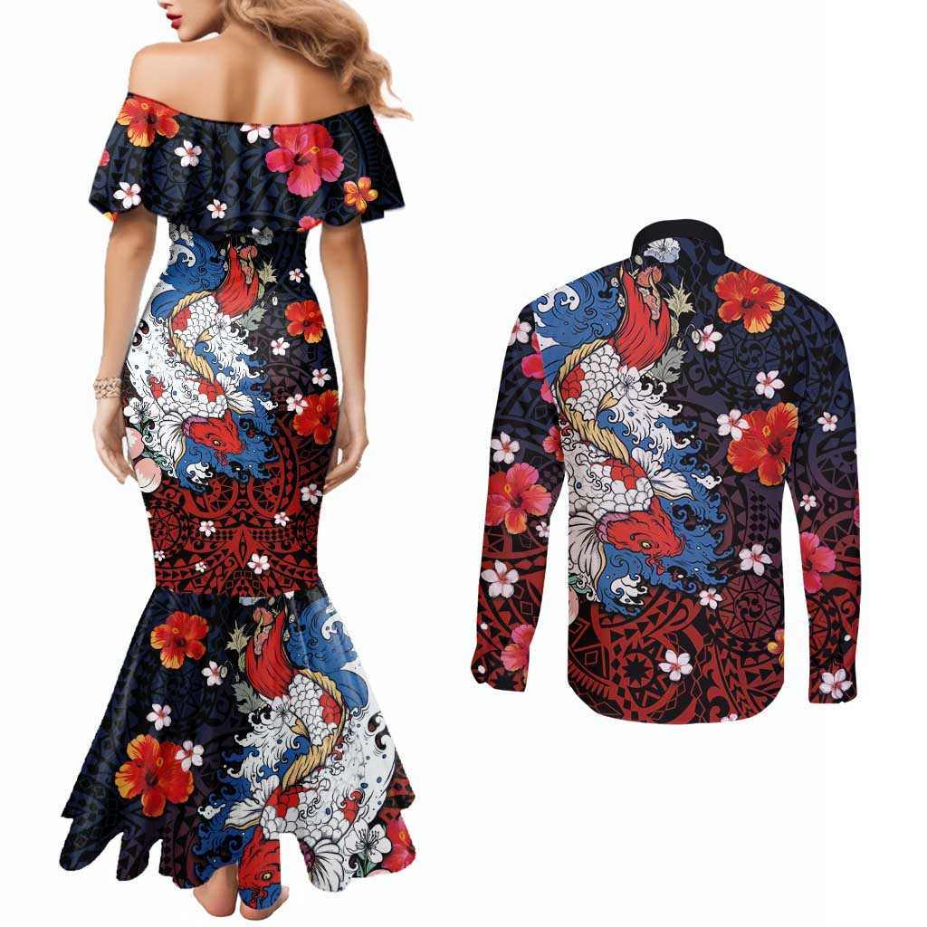 Hawaiian and Japanese Together Couples Matching Mermaid Dress and Long Sleeve Button Shirt Hibiscus and Koi Fish Polynesian Pattern Colorful Style