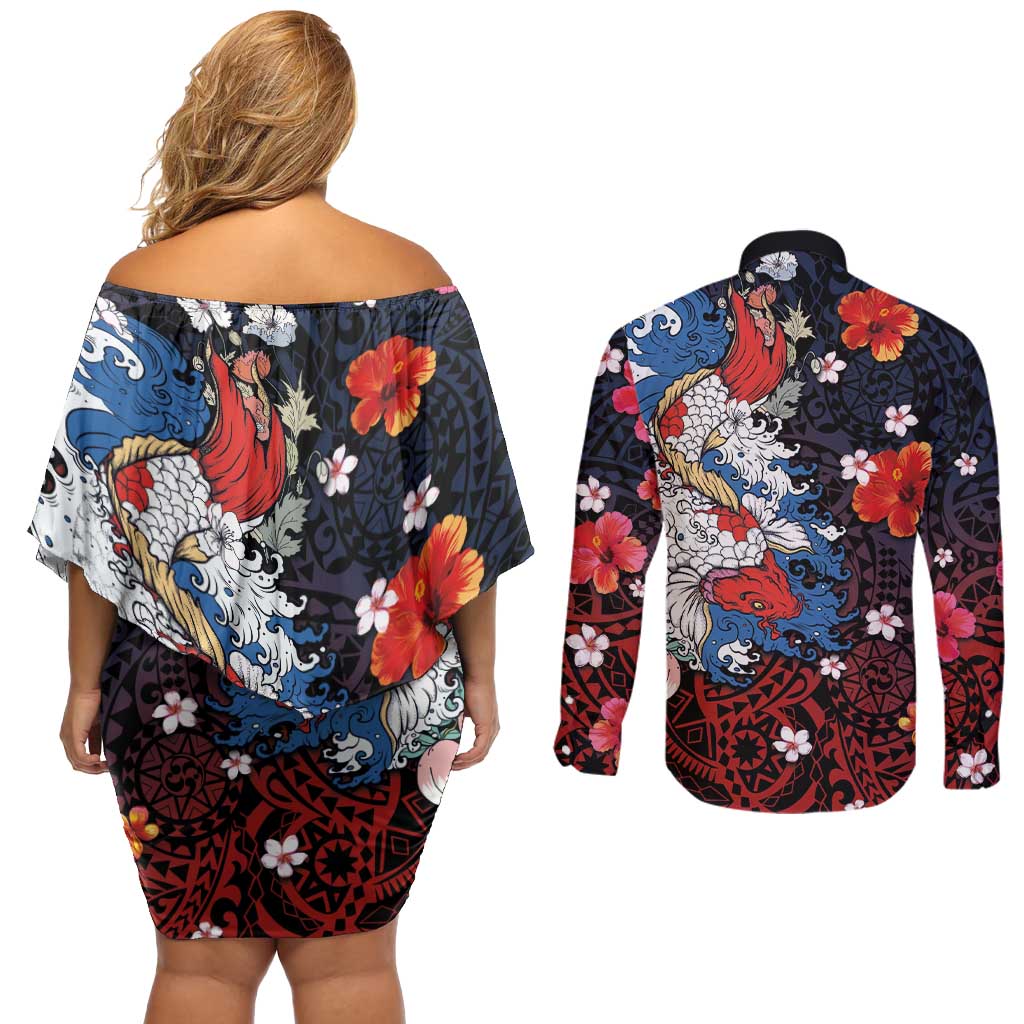 Hawaiian and Japanese Together Couples Matching Off Shoulder Short Dress and Long Sleeve Button Shirt Hibiscus and Koi Fish Polynesian Pattern Colorful Style