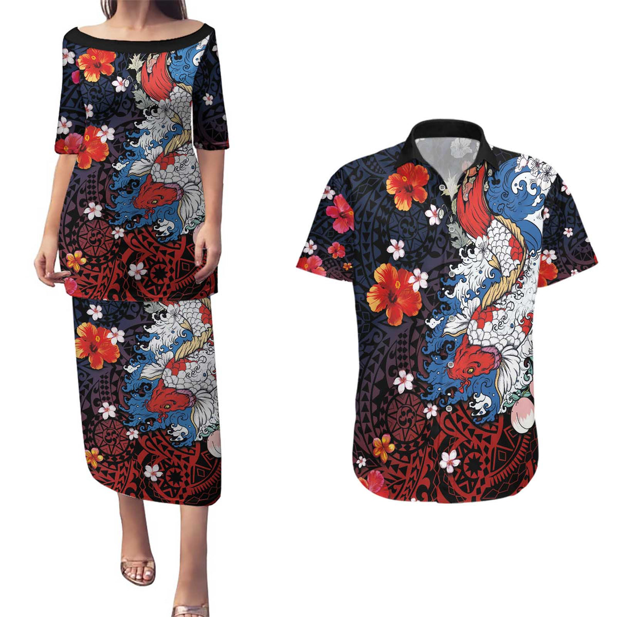 Hawaiian and Japanese Together Couples Matching Puletasi and Hawaiian Shirt Hibiscus and Koi Fish Polynesian Pattern Colorful Style