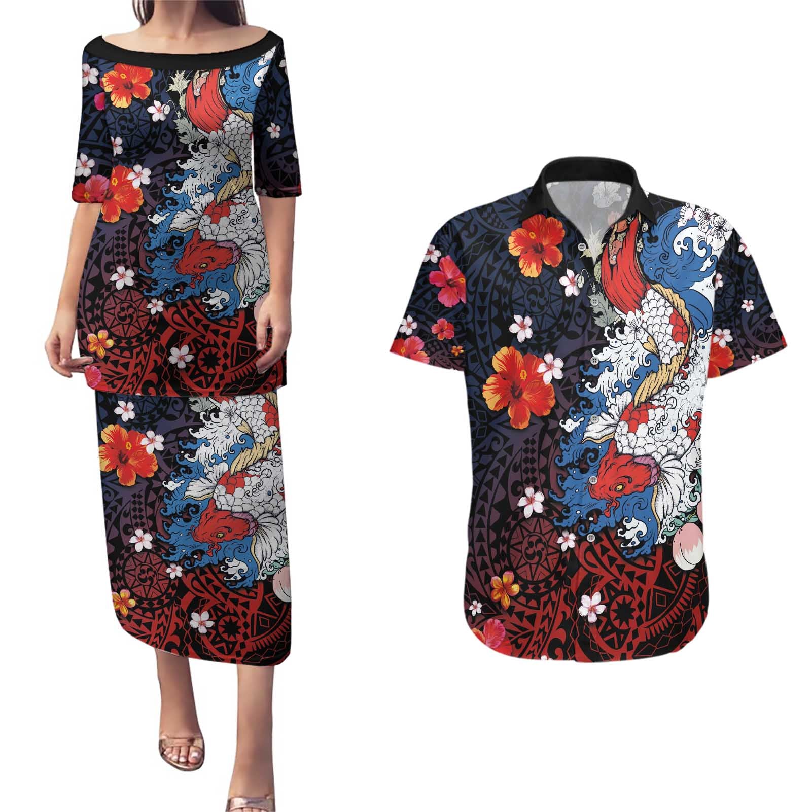 Hawaiian and Japanese Together Couples Matching Puletasi and Hawaiian Shirt Hibiscus and Koi Fish Polynesian Pattern Colorful Style