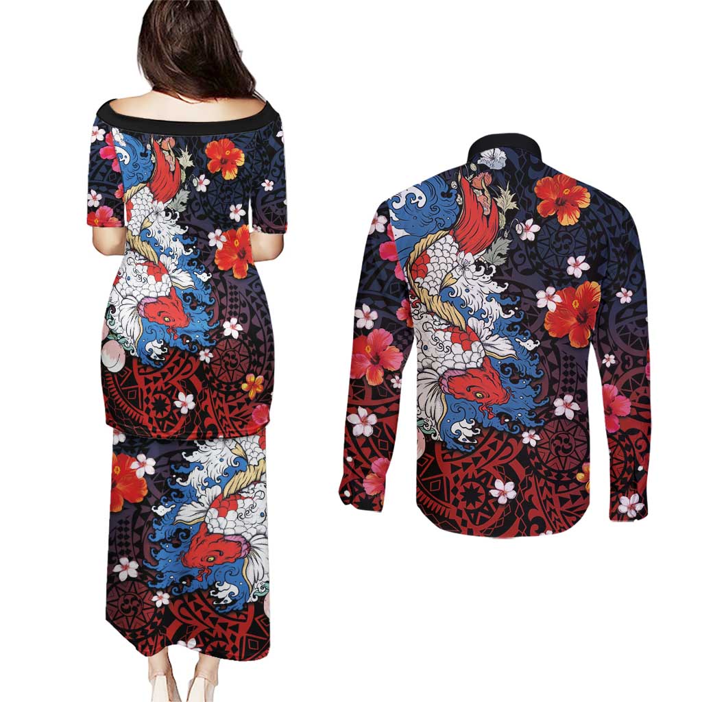 Hawaiian and Japanese Together Couples Matching Puletasi and Long Sleeve Button Shirt Hibiscus and Koi Fish Polynesian Pattern Colorful Style
