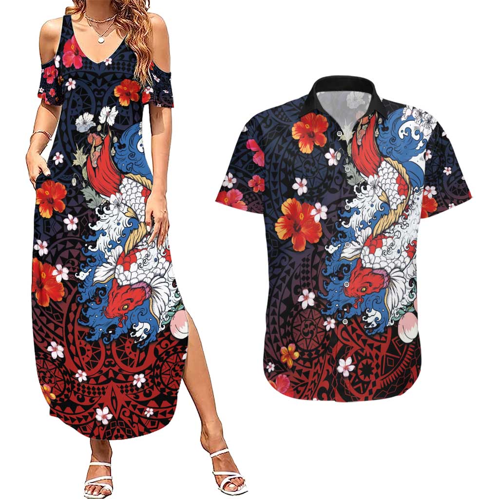 Hawaiian and Japanese Together Couples Matching Summer Maxi Dress and Hawaiian Shirt Hibiscus and Koi Fish Polynesian Pattern Colorful Style