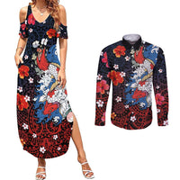 Hawaiian and Japanese Together Couples Matching Summer Maxi Dress and Long Sleeve Button Shirt Hibiscus and Koi Fish Polynesian Pattern Colorful Style