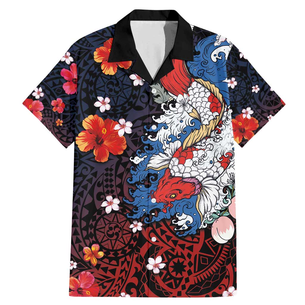 Hawaiian and Japanese Together Family Matching Mermaid Dress and Hawaiian Shirt Hibiscus and Koi Fish Polynesian Pattern Colorful Style