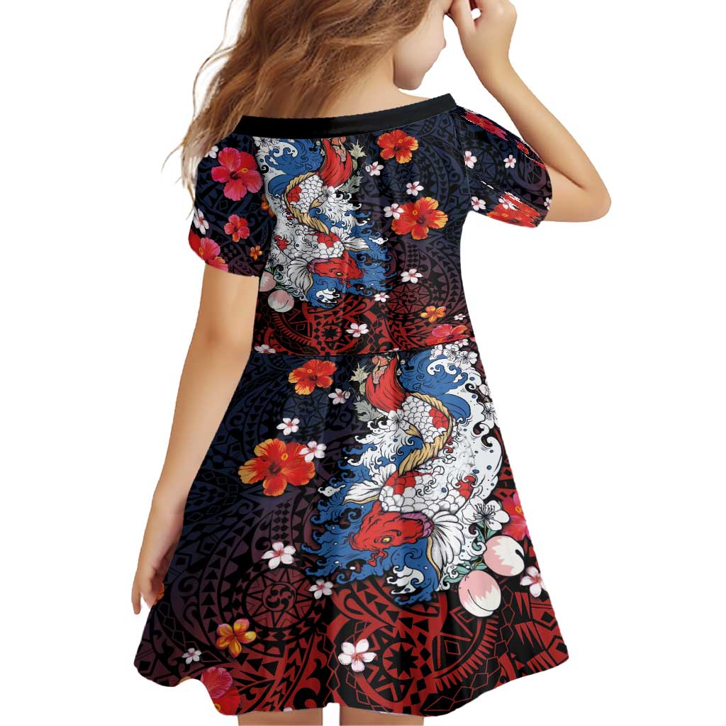 Hawaiian and Japanese Together Family Matching Tank Maxi Dress and Hawaiian Shirt Hibiscus and Koi Fish Polynesian Pattern Colorful Style