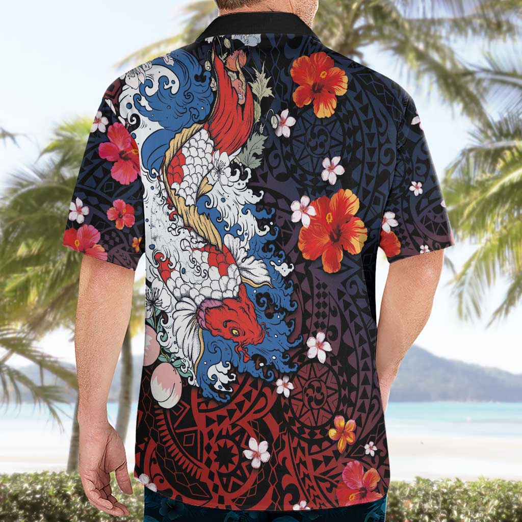 Hawaiian and Japanese Together Hawaiian Shirt Hibiscus and Koi Fish Polynesian Pattern Colorful Style