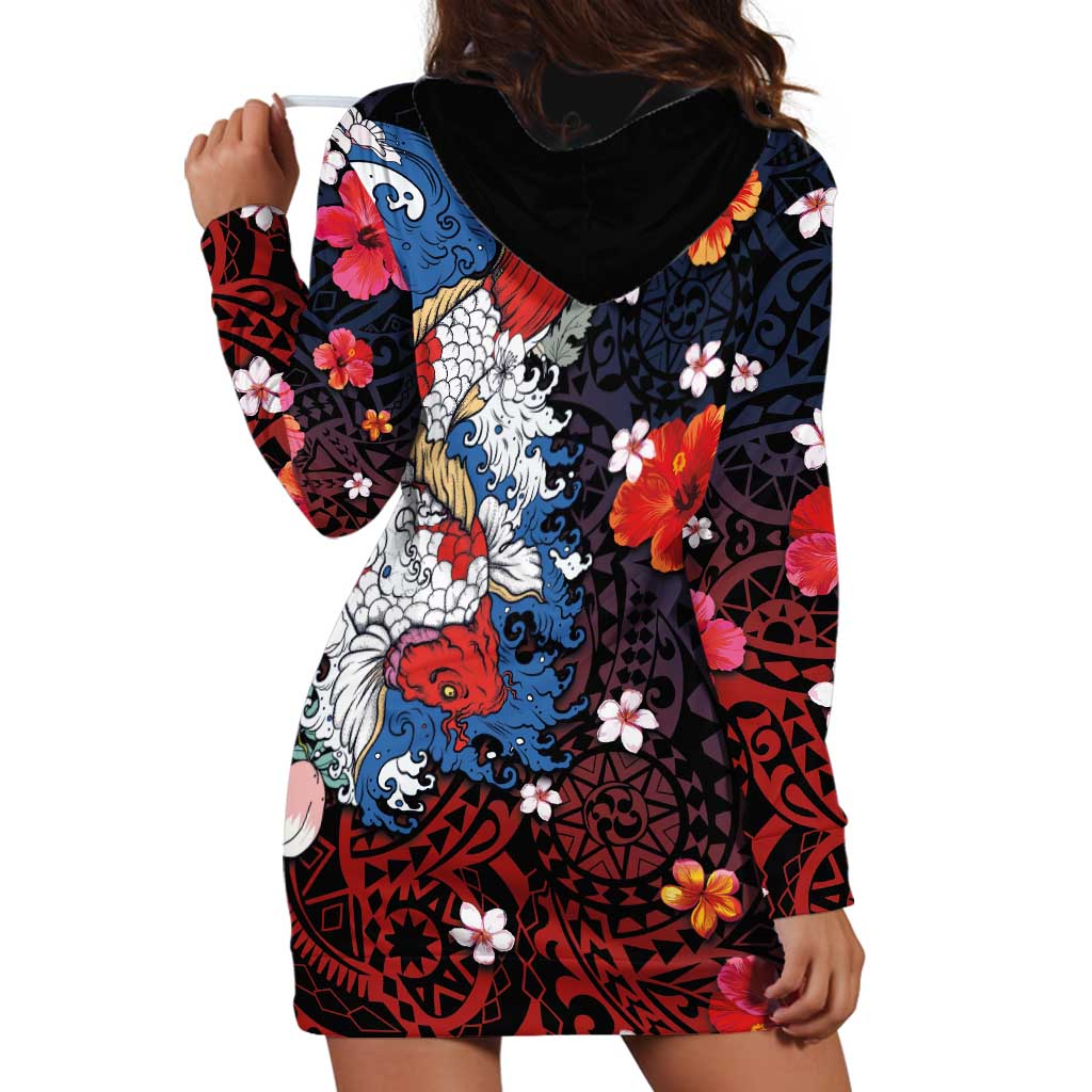 Hawaiian and Japanese Together Hoodie Dress Hibiscus and Koi Fish Polynesian Pattern Colorful Style