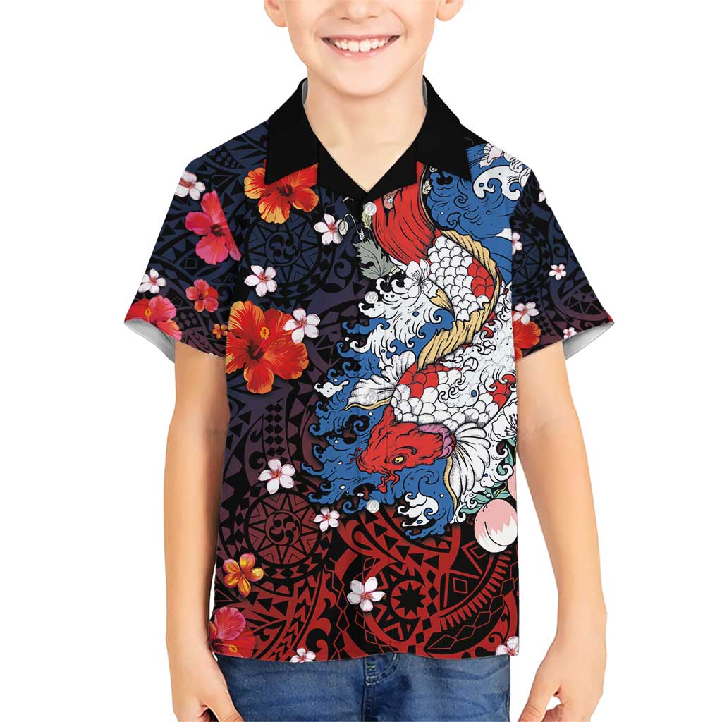 Hawaiian and Japanese Together Kid Hawaiian Shirt Hibiscus and Koi Fish Polynesian Pattern Colorful Style LT03 Kid Red - Polynesian Pride