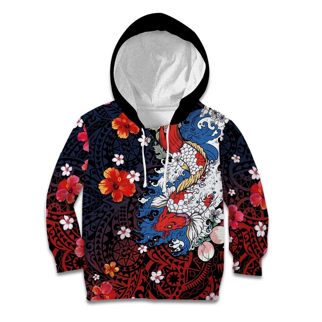 Hawaiian and Japanese Together Kid Hoodie Hibiscus and Koi Fish Polynesian Pattern Colorful Style LT03 Hoodie Red - Polynesian Pride