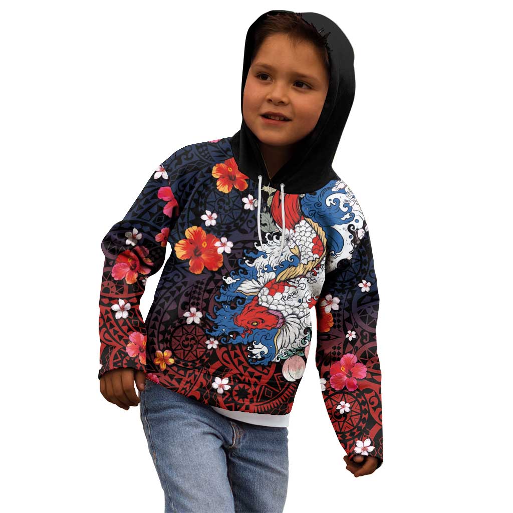 Hawaiian and Japanese Together Kid Hoodie Hibiscus and Koi Fish Polynesian Pattern Colorful Style LT03 - Polynesian Pride
