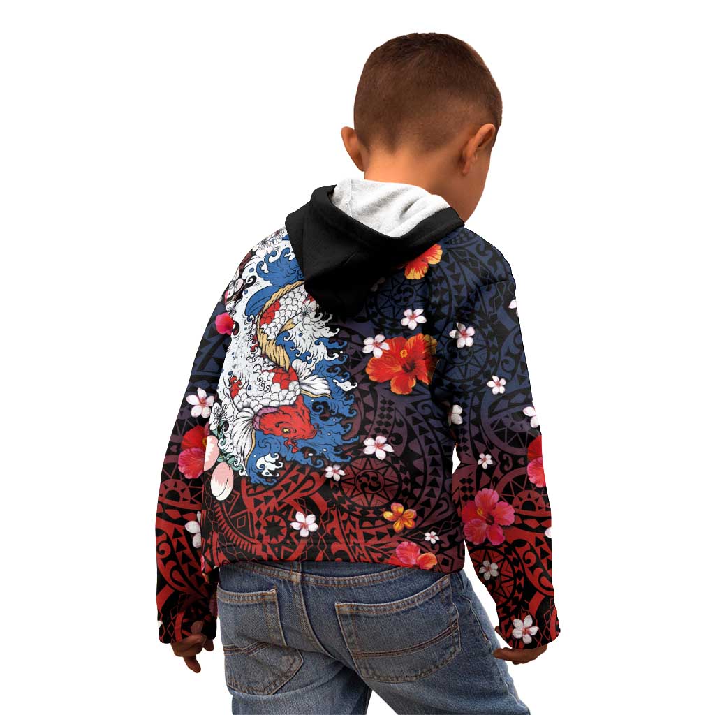 Hawaiian and Japanese Together Kid Hoodie Hibiscus and Koi Fish Polynesian Pattern Colorful Style LT03 - Polynesian Pride