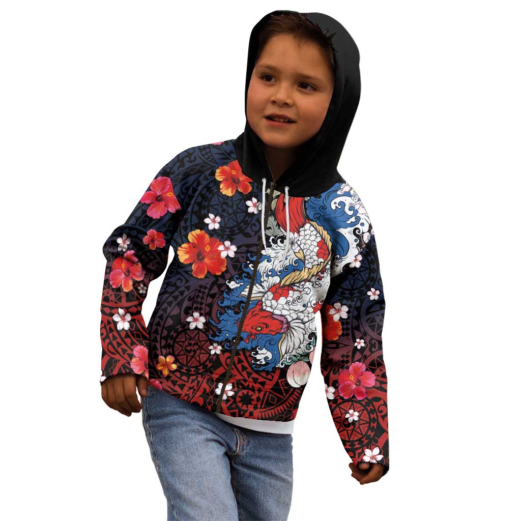 Hawaiian and Japanese Together Kid Hoodie Hibiscus and Koi Fish Polynesian Pattern Colorful Style LT03 - Polynesian Pride