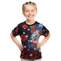 Hawaiian and Japanese Together Kid T Shirt Hibiscus and Koi Fish Polynesian Pattern Colorful Style LT03 Red - Polynesian Pride
