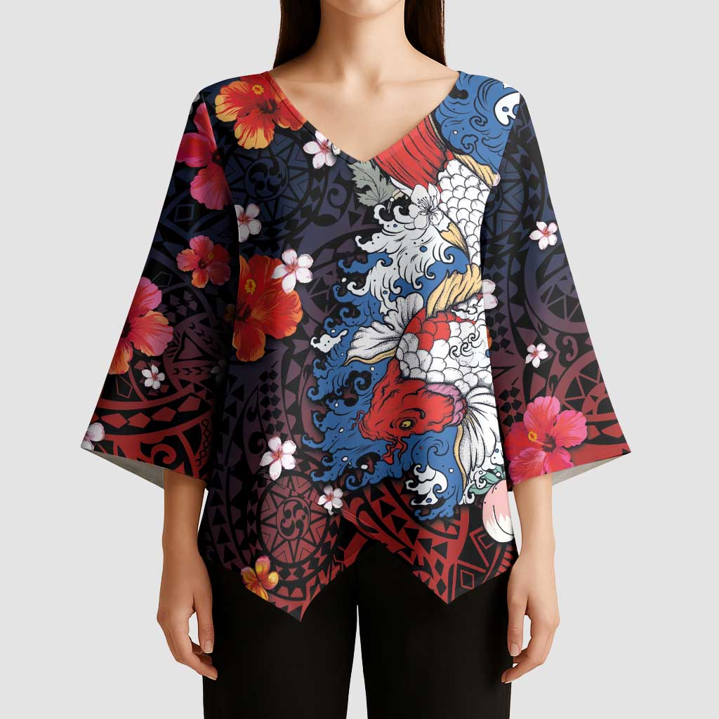 Hawaiian and Japanese Together Kimono Sleeve Blouse Hibiscus and Koi Fish Polynesian Pattern Colorful Style - Polynesian Pride
