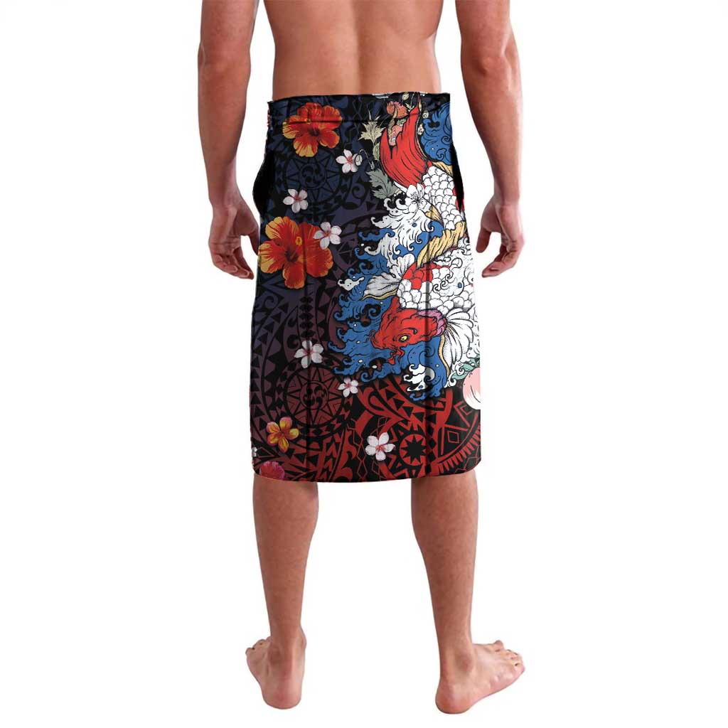 Hawaiian and Japanese Together Lavalava Hibiscus and Koi Fish Polynesian Pattern Colorful Style