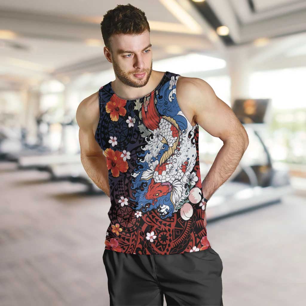 Hawaiian and Japanese Together Men Tank Top Hibiscus and Koi Fish Polynesian Pattern Colorful Style