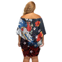 Hawaiian and Japanese Together Off Shoulder Short Dress Hibiscus and Koi Fish Polynesian Pattern Colorful Style LT03 - Polynesian Pride