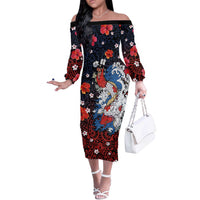 Hawaiian and Japanese Together Off The Shoulder Long Sleeve Dress Hibiscus and Koi Fish Polynesian Pattern Colorful Style LT03 Women Red - Polynesian Pride