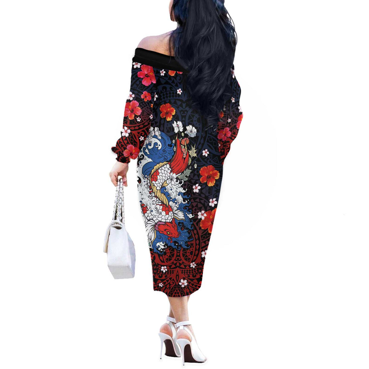 Hawaiian and Japanese Together Off The Shoulder Long Sleeve Dress Hibiscus and Koi Fish Polynesian Pattern Colorful Style LT03 - Polynesian Pride