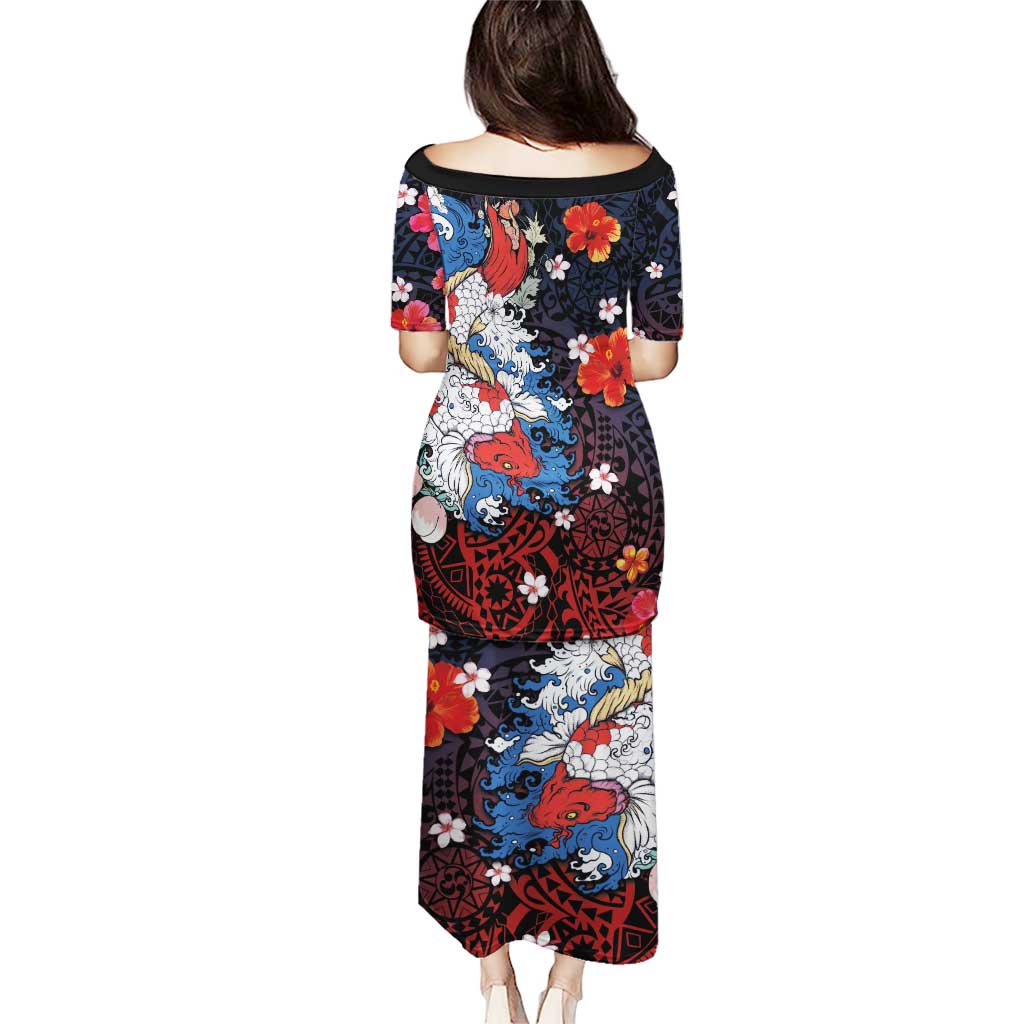 Hawaiian and Japanese Together Puletasi Hibiscus and Koi Fish Polynesian Pattern Colorful Style