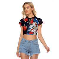Hawaiian and Japanese Together Raglan Cropped T Shirt Hibiscus and Koi Fish Polynesian Pattern Colorful Style LT03 Female Red - Polynesian Pride