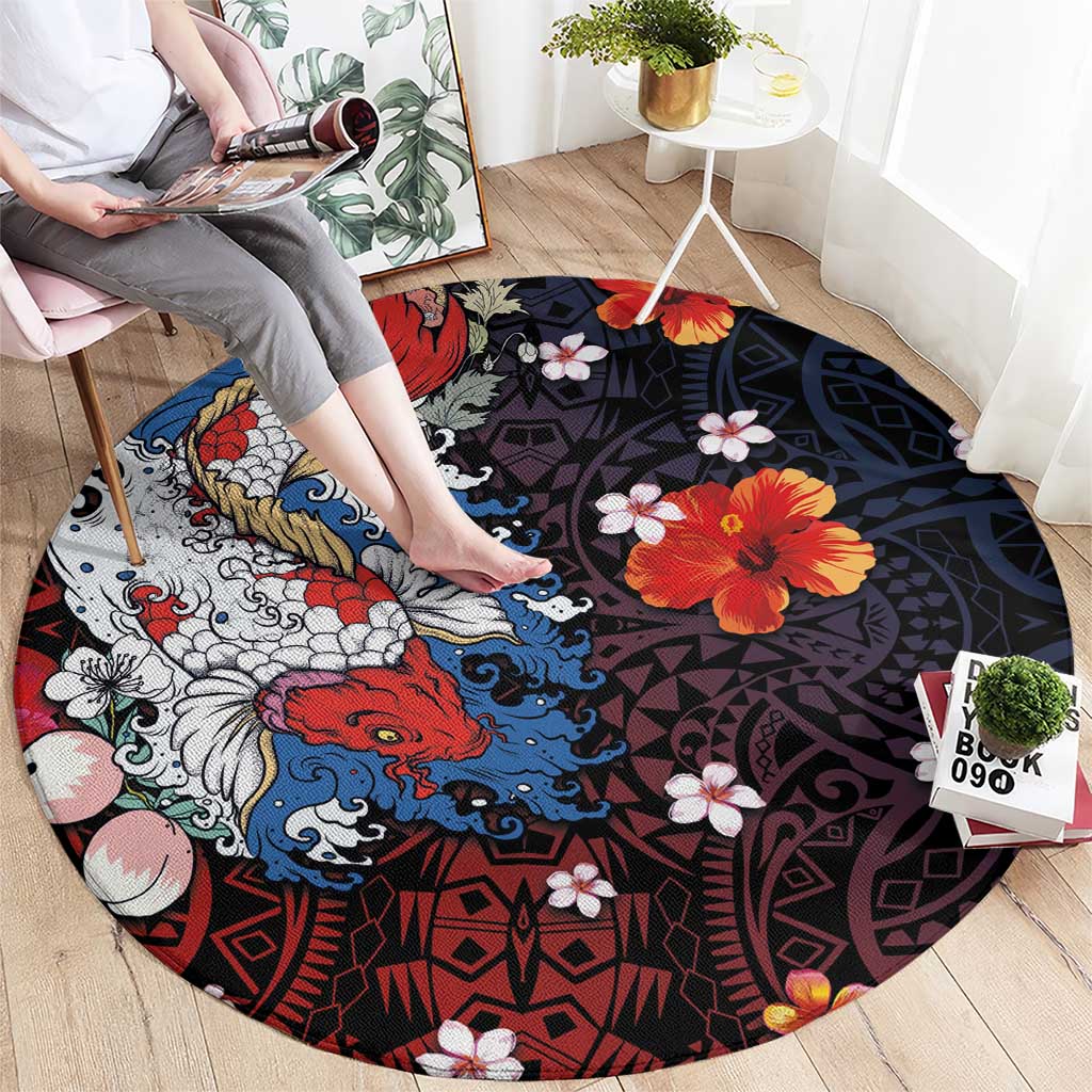 Hawaiian and Japanese Together Round Carpet Hibiscus and Koi Fish Polynesian Pattern Colorful Style LT03 - Polynesian Pride